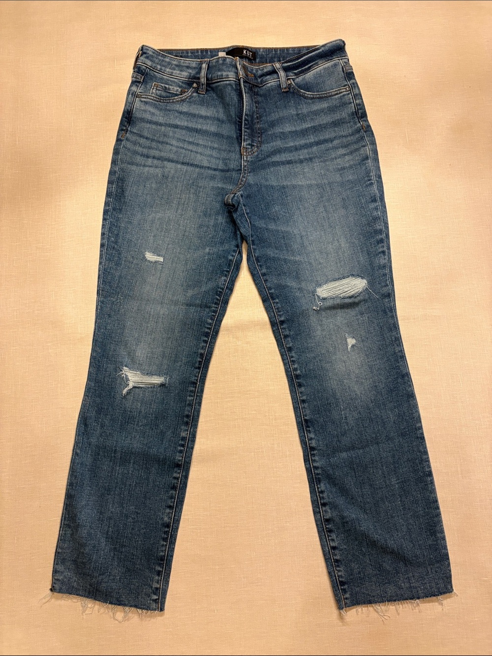 Kut from the Kloth Medium Blue Straight Leg Jeans with Distressing